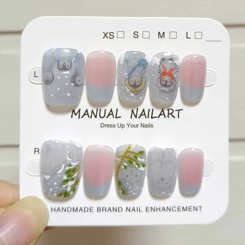 10 Stück koreanischer Stil Nagelflicken Winter süße Haustier Pinguine und Eisbären künstliche Nägel Mädchen Pflaumenblüte zum Aufdrücken der Nägel abnehmbar