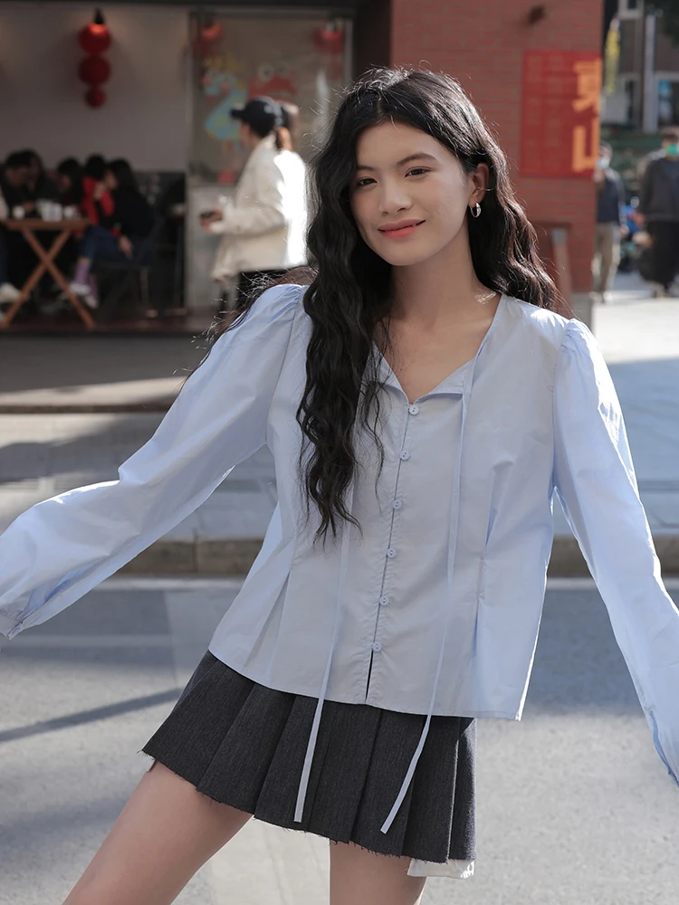 

Blue Long Sve Loose Women's irt Spring Faionable Casual irt Bubble Sve High-End Feeling Street Sle round Ne