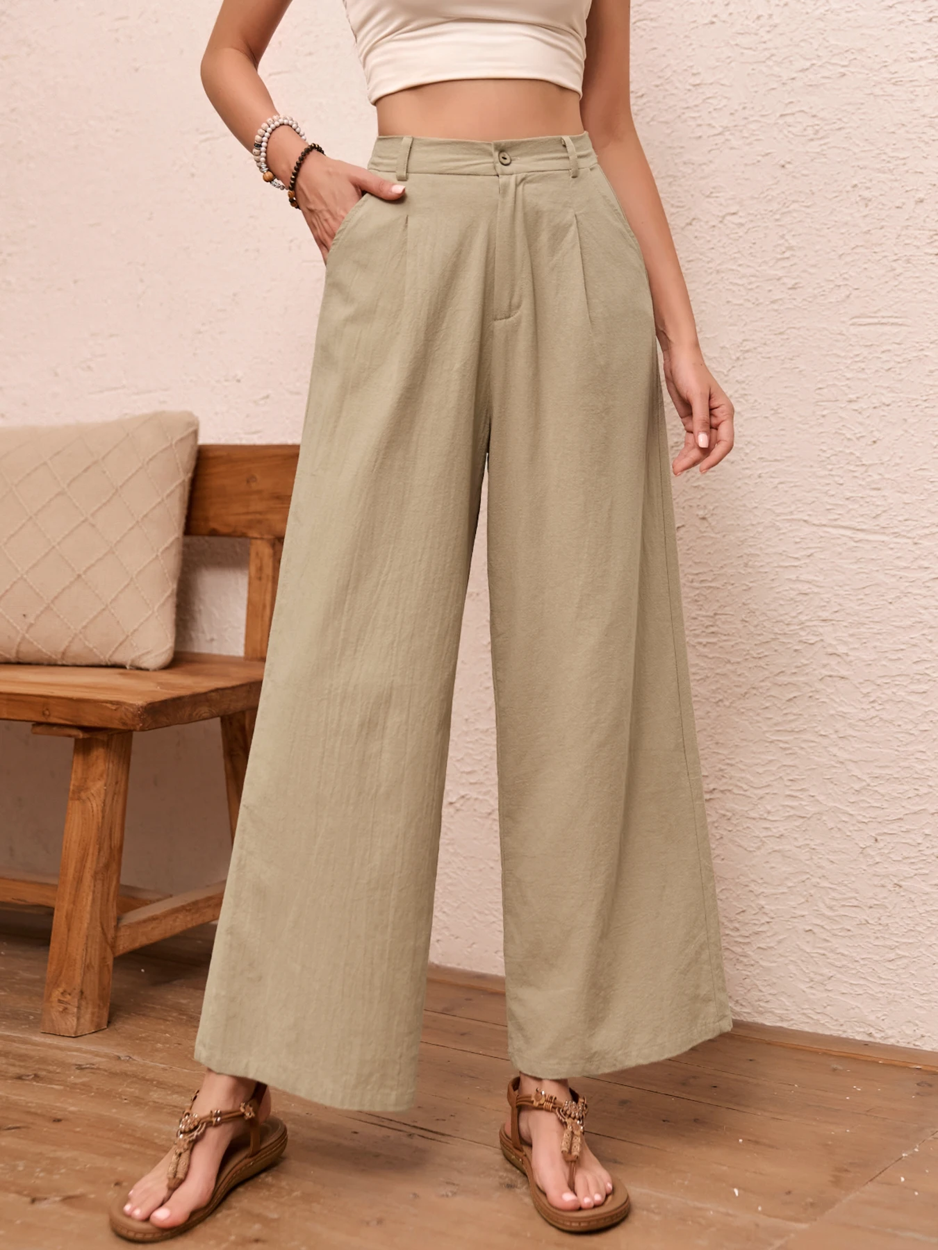 Elegante Einfarbige Leinenhose mit Weitem Bein für Damen Hochgeschnittene Fließende Lässige Sommer Lose Schlankmachende Lange Hose Frühling Herbst – Detail 1