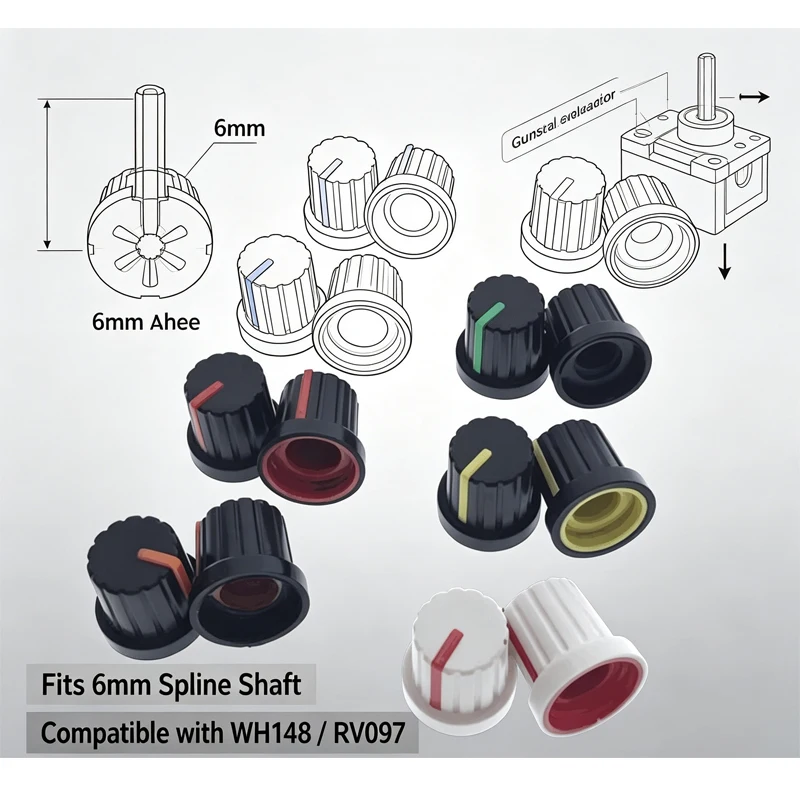 10 Stück WH148 Potentiometer-Knopfkappen, 6mm Schaftloch, Sortiment-Set, Weiß, Grün, Rot, Blau, Gelb, Orange, Lila, DIY-Schalterknopf 15x15mm – Detail 3