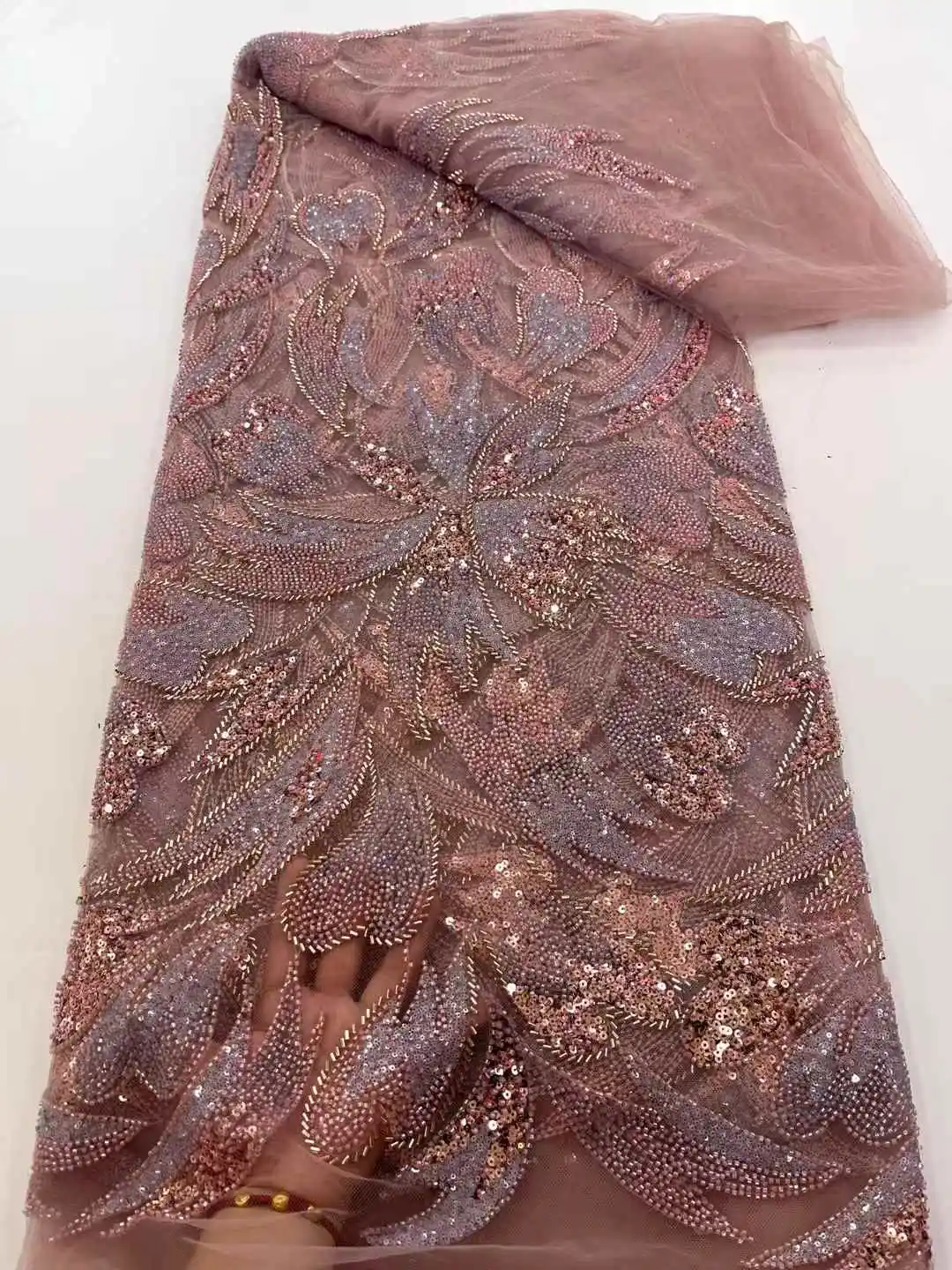 

Latest African Sequins Lace Fabric 2025 High Quality Lace Embroidery Beaded Mesh Fabric 5 Yards For Wedding Party Dress