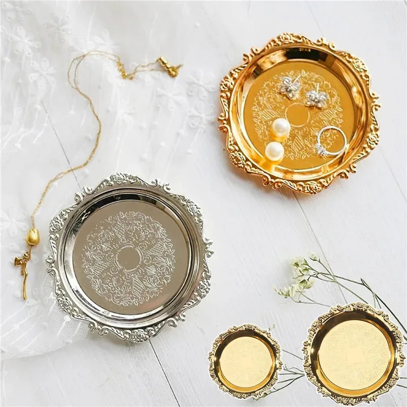 

Серебряная и золотая железная тарелка, декоративный поднос для ювелирных изделий, праздничные принадлежности, для хранения различных ювелирных изделий, 1 шт.