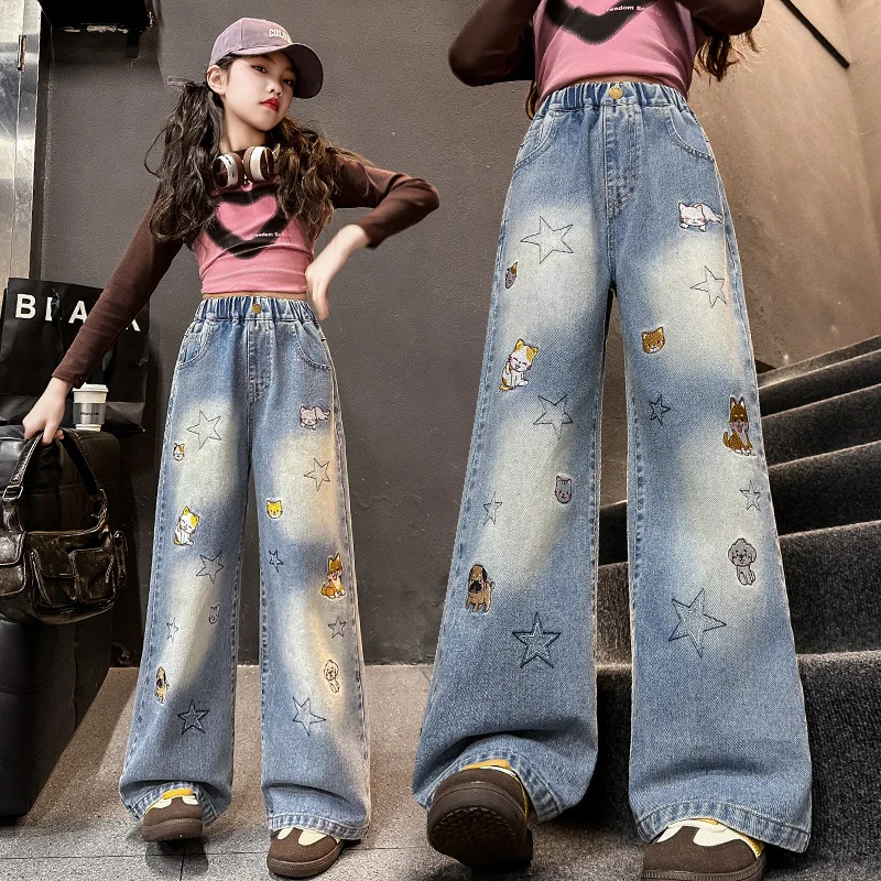 

Girls Jeans Spring Autumn Cartoon Wide Leg Jeans for Teenage Kids Heavy Embroidery Star Loose Straight Leg Trousers for Children