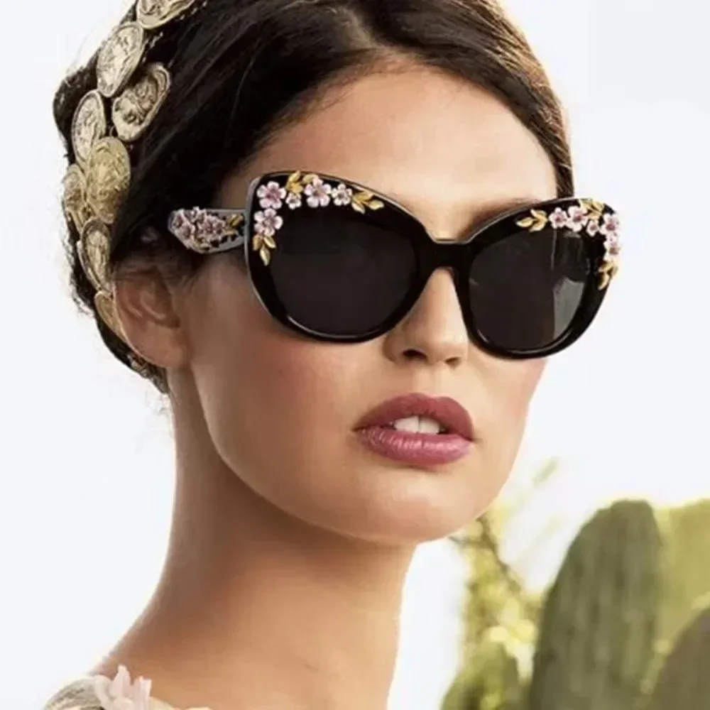 

Baroque Modern Vintage Cat Eye Sunglasses Women Luxury Designer Sun Glasses Fashion Pink Shades Female Flower Decoration