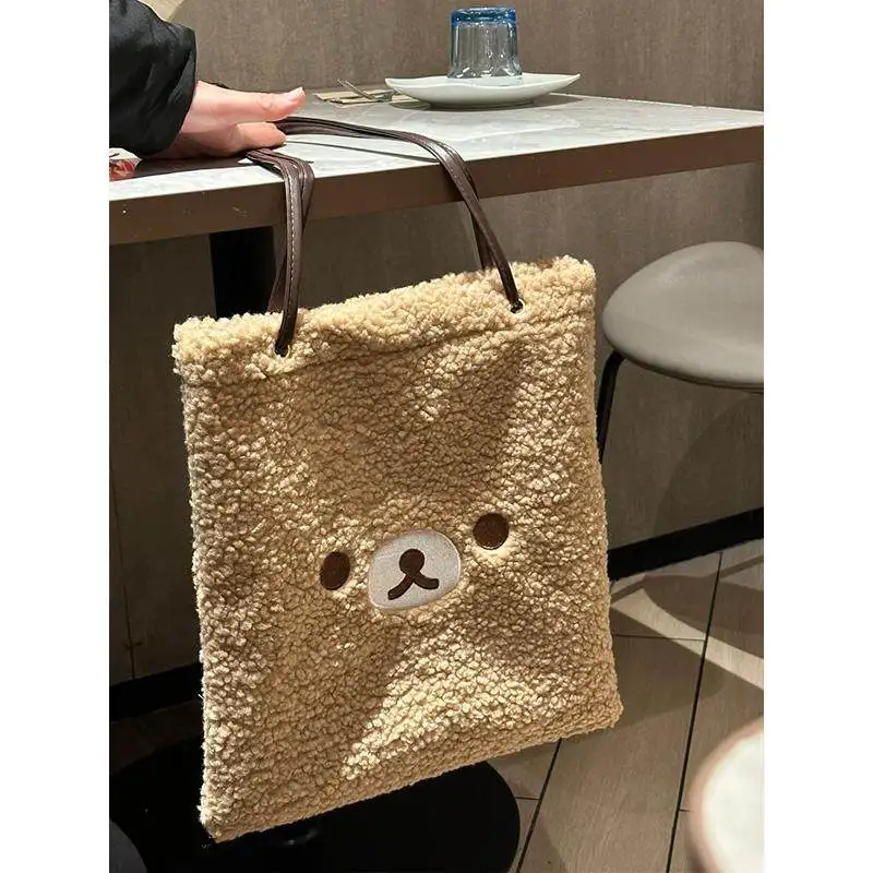 Bolso de hombro de oso relajado Rilakkuma, bolso Diagonal de pelo de cordero de oso Kawai Muppet, bolso grande sin uso con corazón para niña.