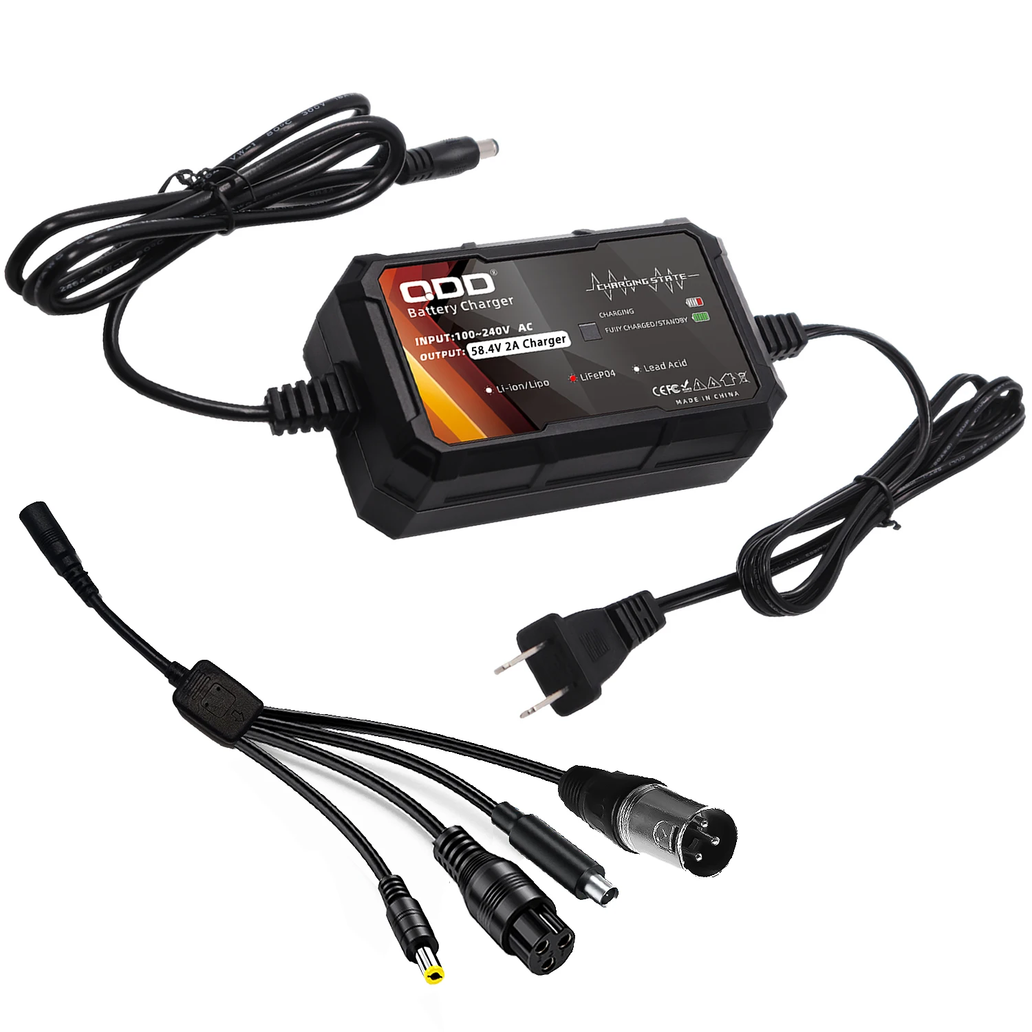 

QDD 58.4V 2A LiFePO4 Charger 51.2V 16S LiFePO4 Battery Pack with Multiple Connector Adapters