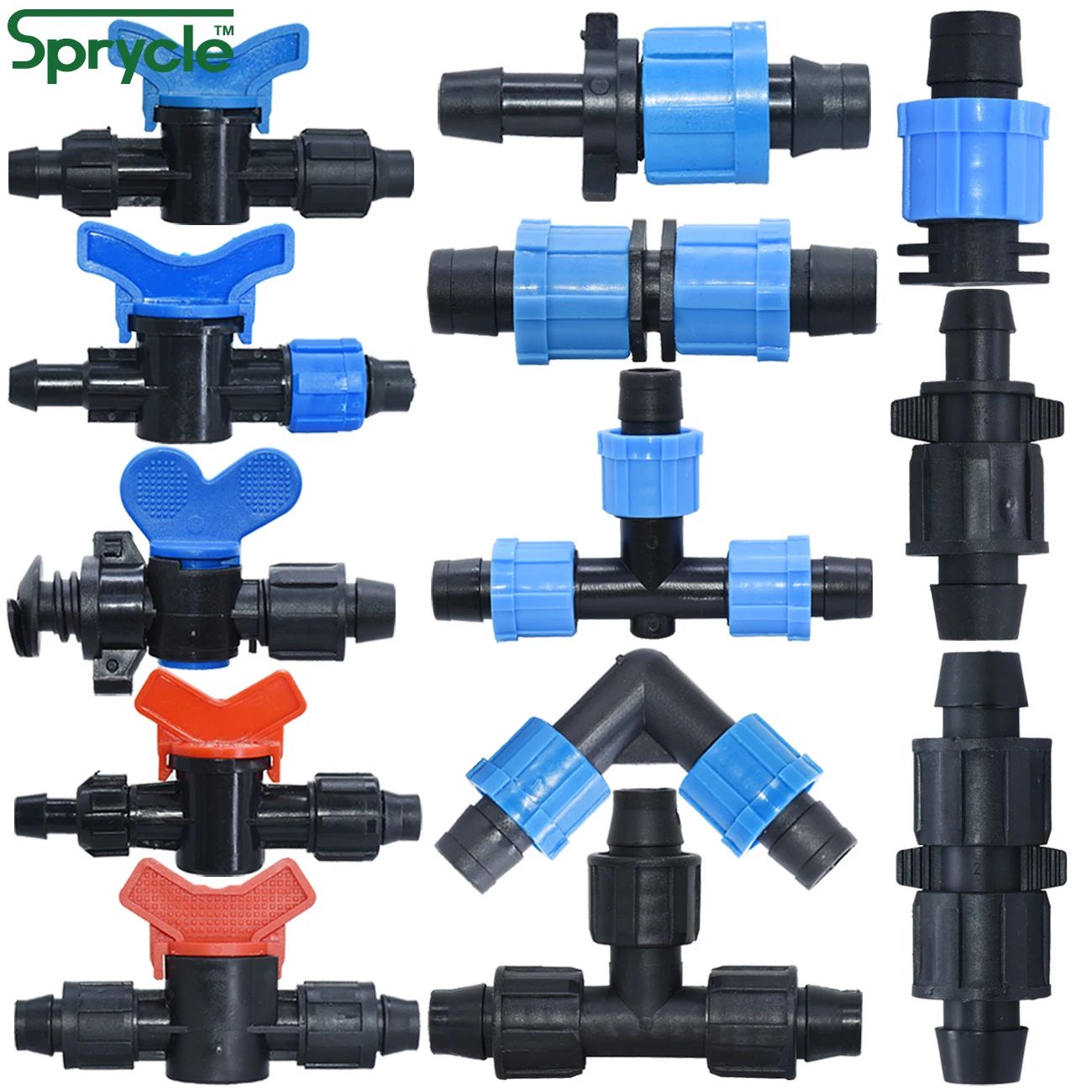 SPRYCLE 16mm 5/8 ''Fita de irrigação por gotejamento Válvula de desligamento Cotovelo Tee End Plug Thread Lock Connector Jardim Tubo de rega Juntas de mangueira