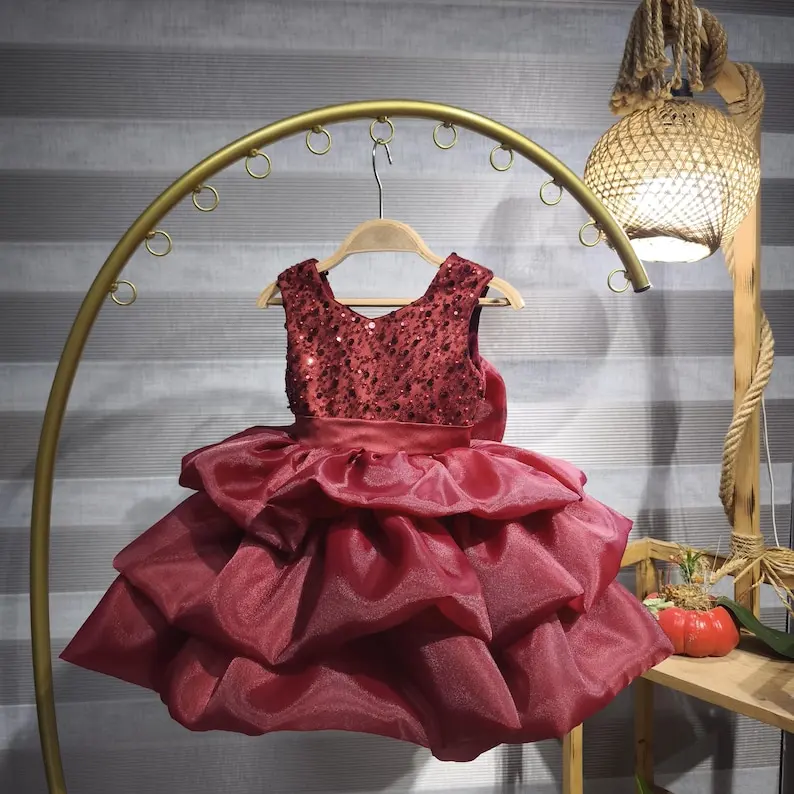 Flower Girls Dress Handmade Burgundy Organza Dress: Sparkly Glitter Bodice Puffy Skirt Christmas Gift for Girl for Wedding Party