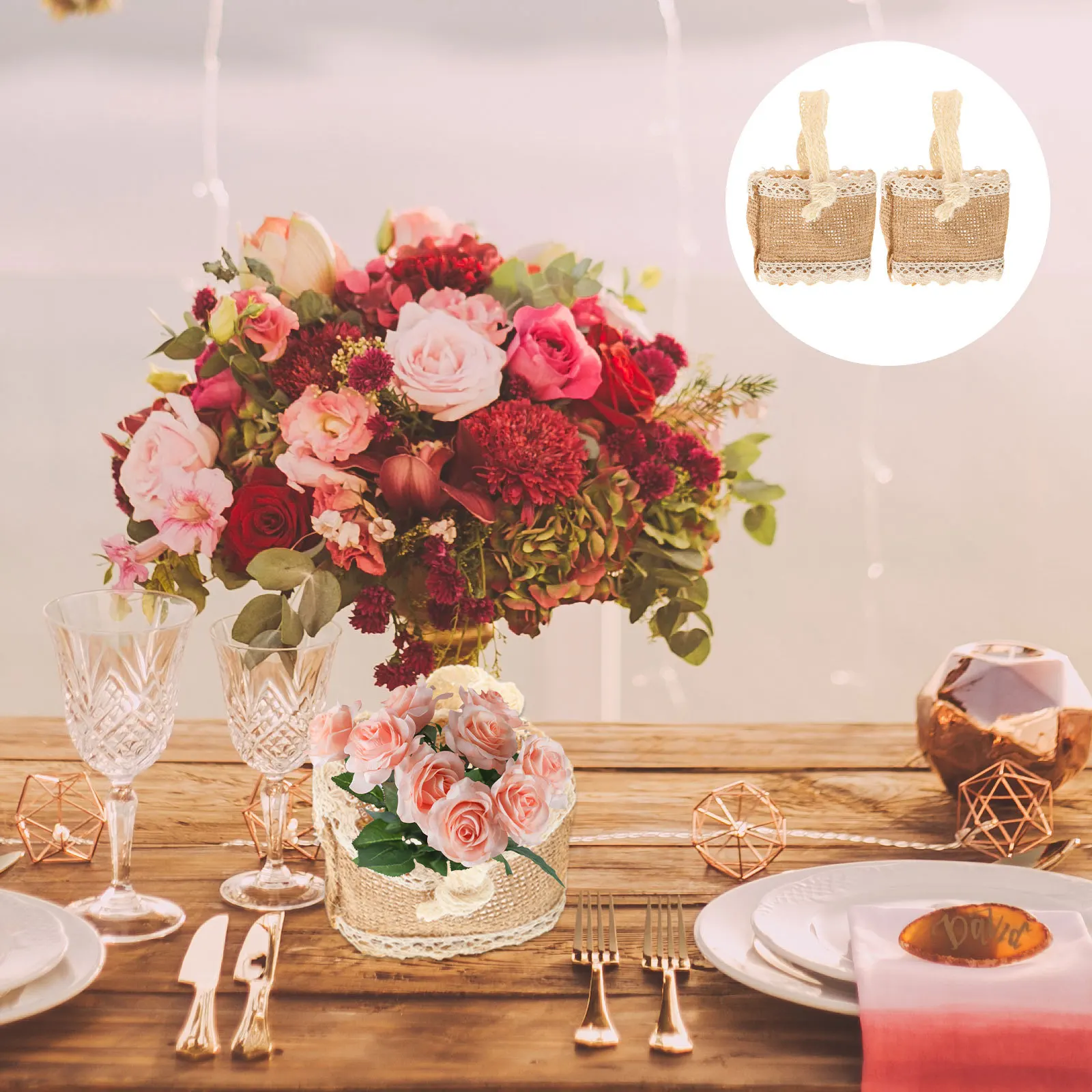 

2 Pcs Linen Tote Bag Wedding Basket Flower Home Decorative European Style Mini Cotton Candy Flowers Storage