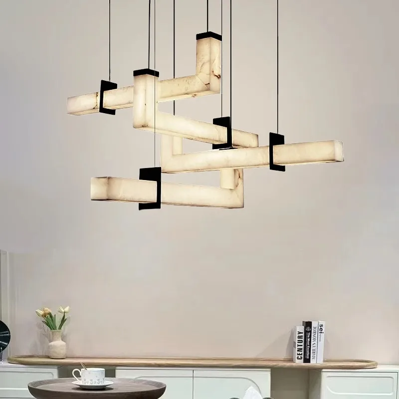 New Design Italian Style Long Spanish Marble Ceiling Chandelier Right Angle Stone Hanging Lamp for Villa Living Room