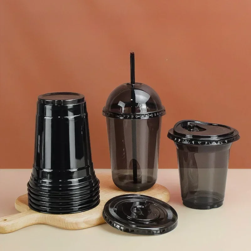 100pcs Disposable  Black U-shaped Coffee Cups 90/98mm Caliber 360/400ml PET Coffee and Juice Packaging Cold Drink Cup with Lid