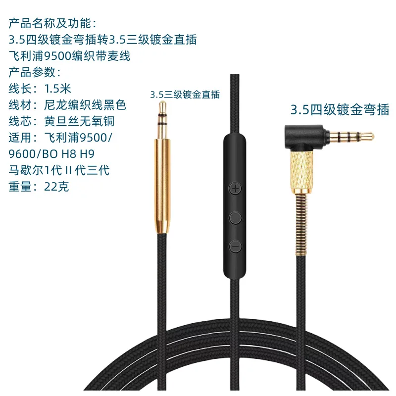 Hochwertiges Audiokabel für Philips SHP9500/9600 Headset, 3,5-mm-auf-3,5-mm-Stecker, geflochten mit Weizenfaden. – Detail 1