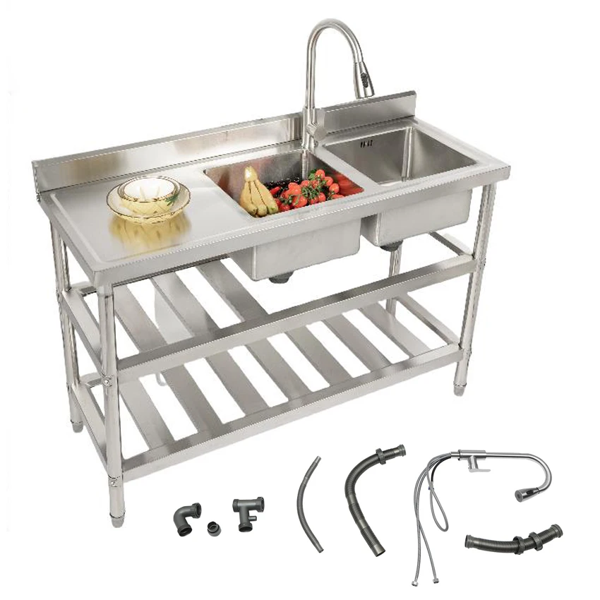 

47.24x 17.72inch Stainless Steel Sink with Shelf Freestanding Commercial Restaurant Kitchen Sink Double Bowl with Tap&Drainboard