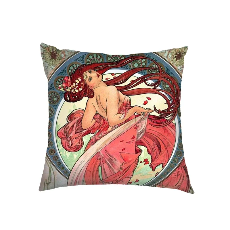 Oil Painting By Alphonse Mucha Cushion Covers Pillowcases Sofa Bedroom House Office Square Pillowcase Home Party Car Bedding