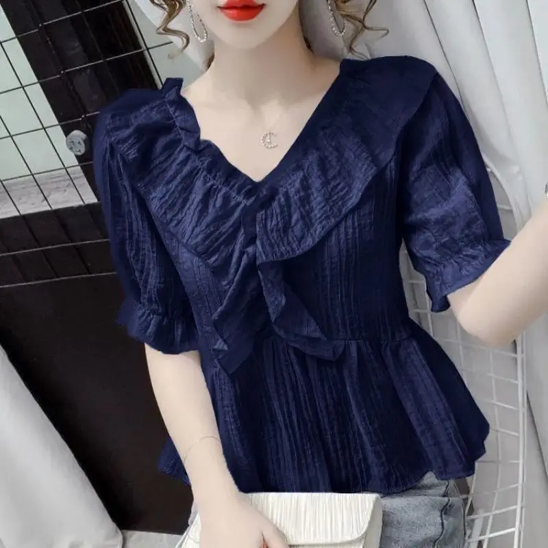 Women Summer Simplicity Loose Pleated Solid Color V-neck Short Sleeve Chiffon Shirt Women Clothes Casual All-match Trend Tops