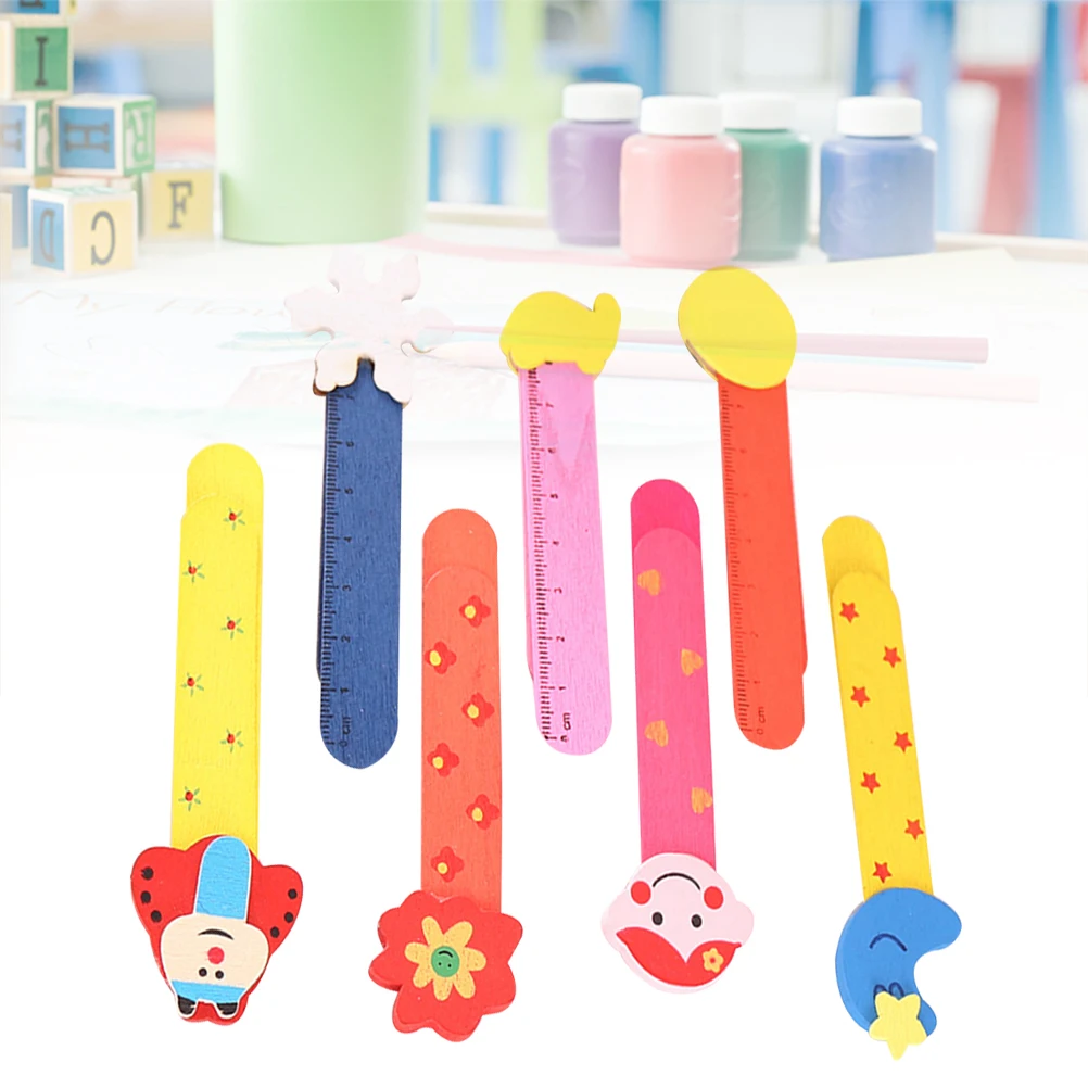 10Pcs Wooden Bookmark Bright Cartoon Graphics Sturdy Bookmarker with Dual Use As Mini Ruler for Kids School Stationery Gift