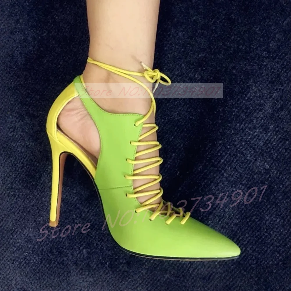 Multicolour Leather Lace up Pumps Women Hollow Pink Splicing Pointed Toe High Heels Shoes Lady Runway Street Fashion Pumps