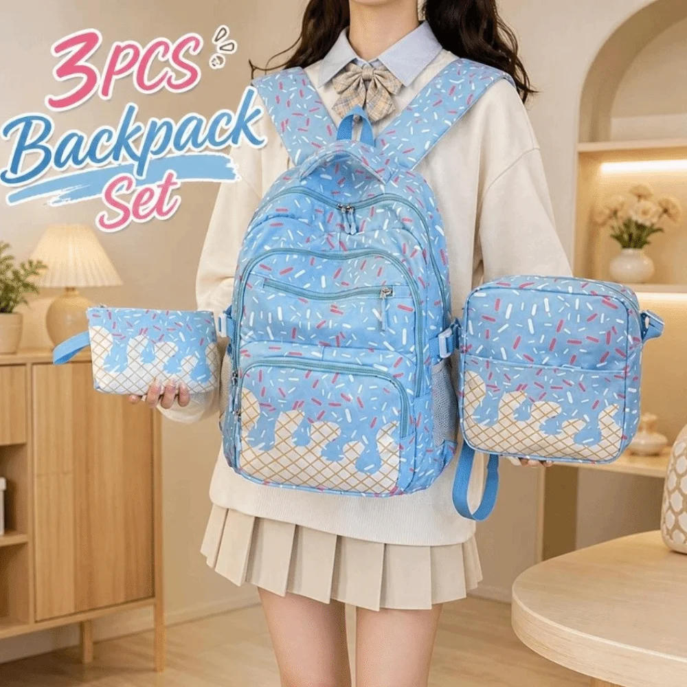 3PCS Stylish Ice Cream Print Backpack Set Waterproof Spacious School Backpack Lightweight Durable Printed Schoolbag Campus