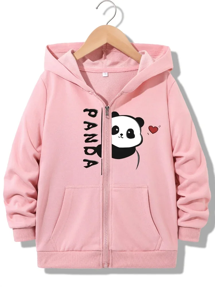 Kids Black Zip Up Hoodie Split Peeking Panda Red Heart And Vertical Panda Letter Graphic Long Sleeve Pocket Casual Hooded Jacket