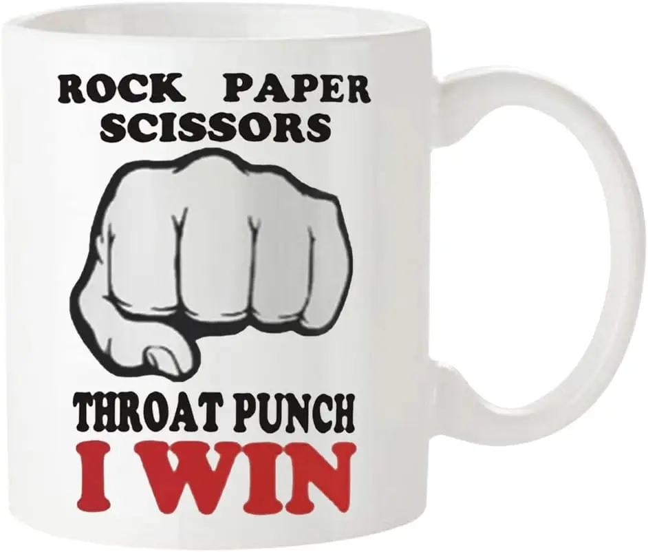 Rock Paper Scissors Mug, Rock Paper Scissors Throat Punch I Win, 11 Oz Novelty Coffee Mug/Cup, White