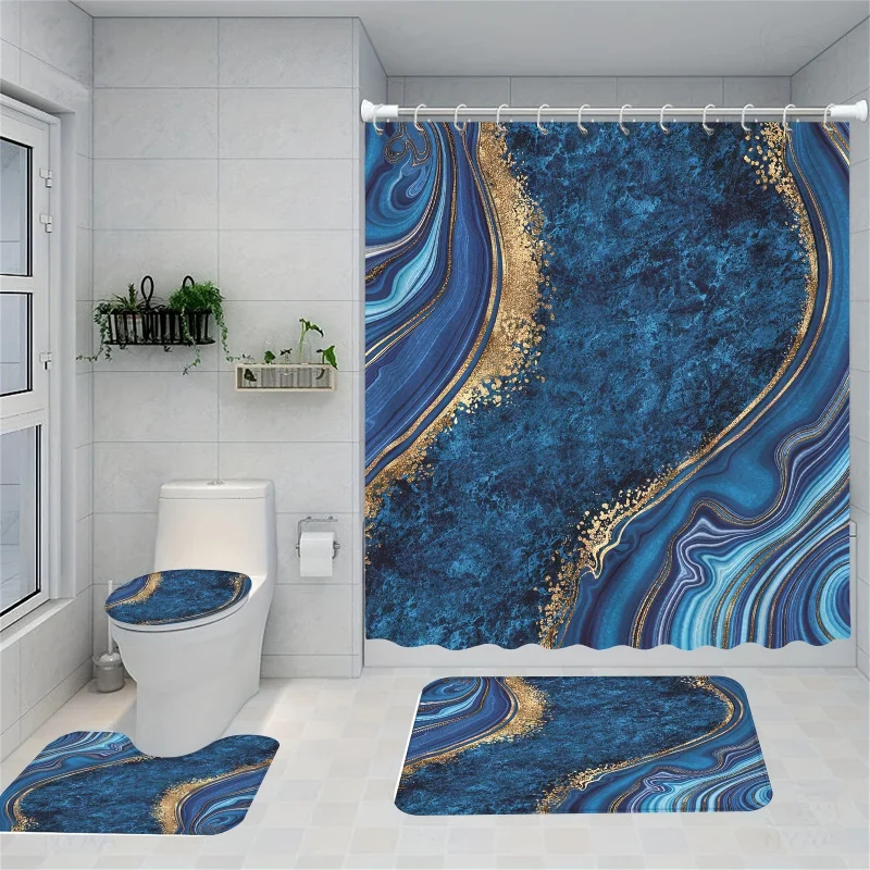 1/4pcs Blue Marble Printed , Bathroom Decorative Set Including Waterproof Shower Curtain, Anti-slip Mat, Toile