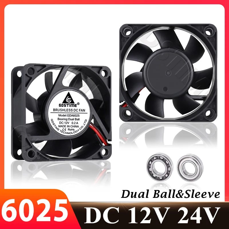 Gdstime 60MM 6025 Fan DC 24V 12V Mini Chassis CPU Cooler 2PIN 60x60x25mm Cooling Fan Ball Bearing 3D Printer Brushless Cooler