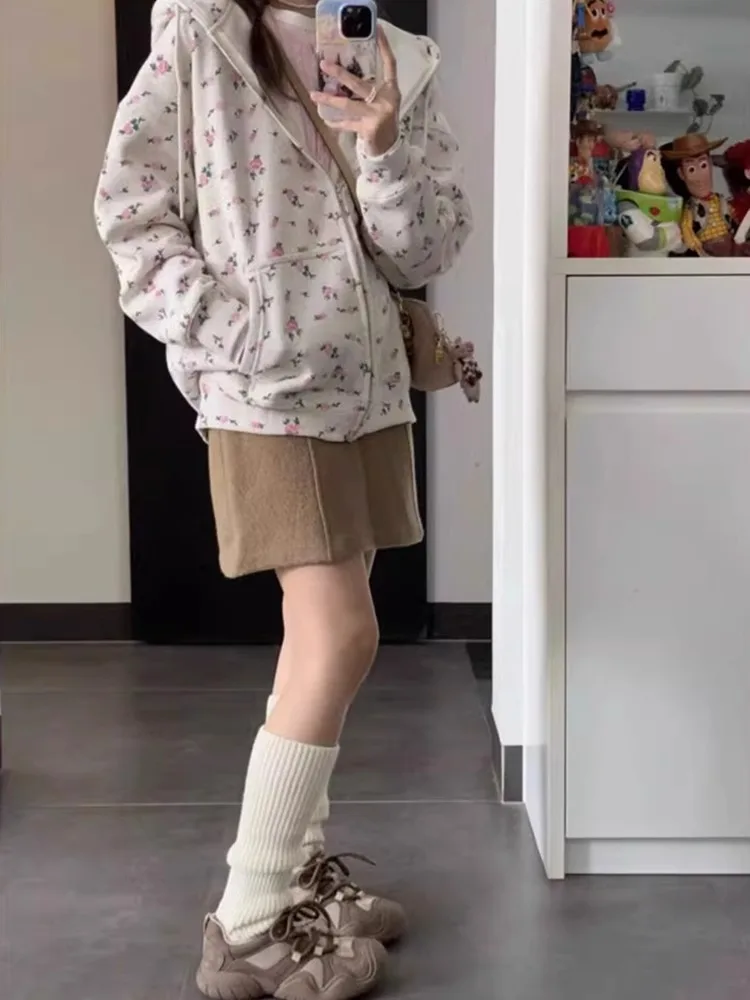 

Ele Pink Floral Print Hoodie Women's Casual Jaet Spring Autumn Fce Lined Open Cardigan Trendy Loose Fit Outerwear