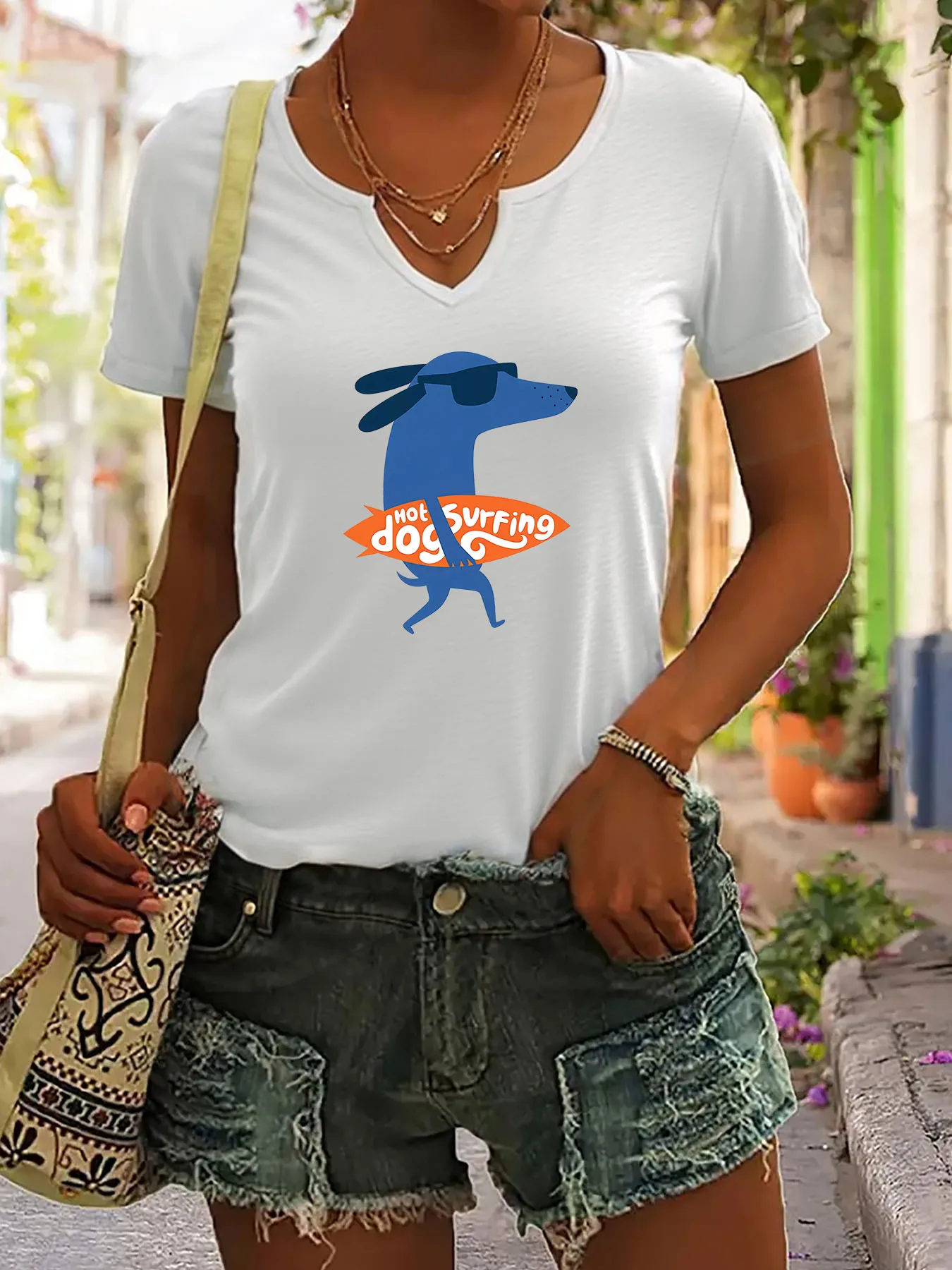 Surfing Dog Print T-Shirt, Casual and Fashionable Notched V-Neck Rolled Sleeve Short-Sleeved Women's Shirt