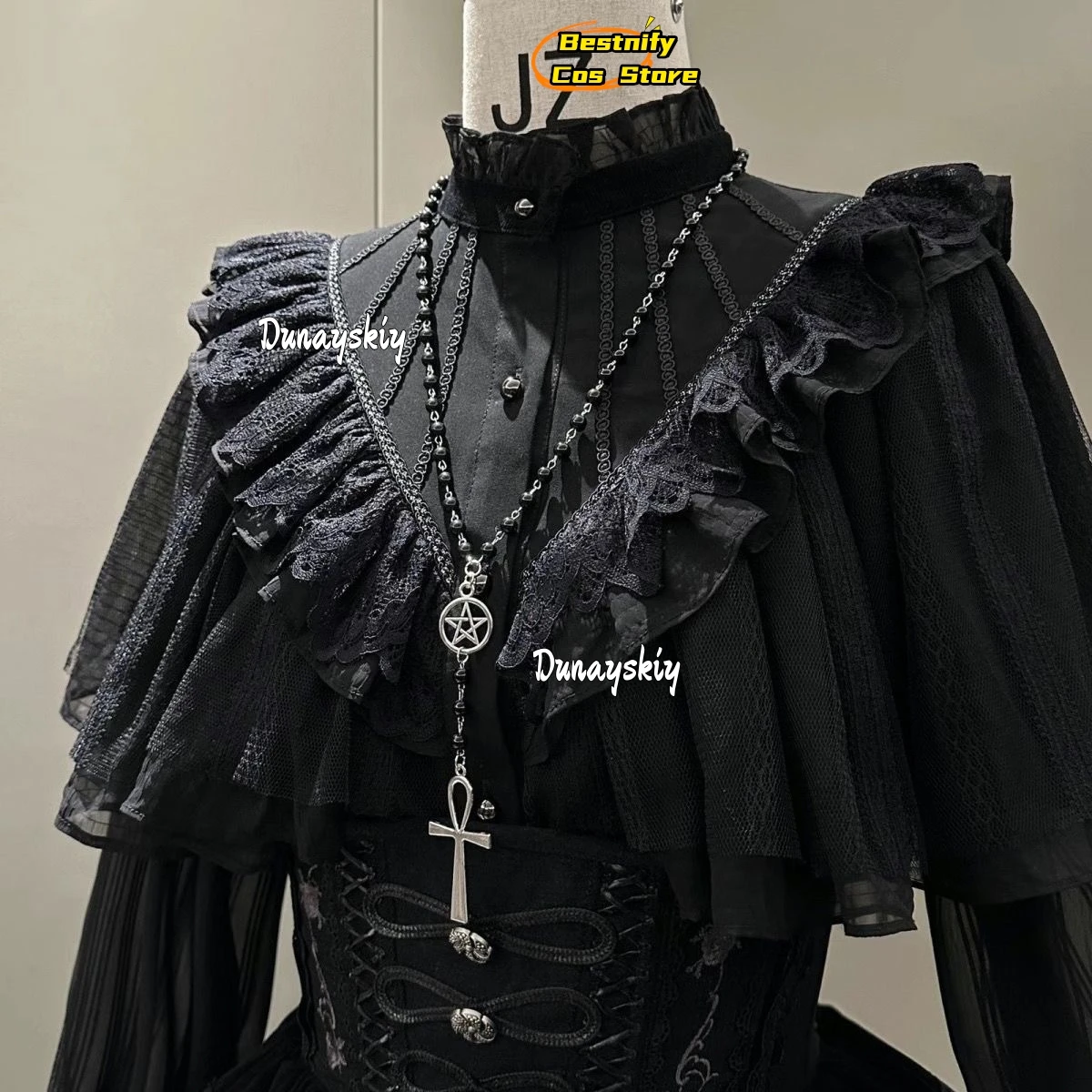 Ankh und Pentagramm Rosenkranz Halskette Lolita Kleid Cosplay Prop Schwarze Perlen Charm Schmuck für Frauen Geschenk COS Einfacher Schmuck