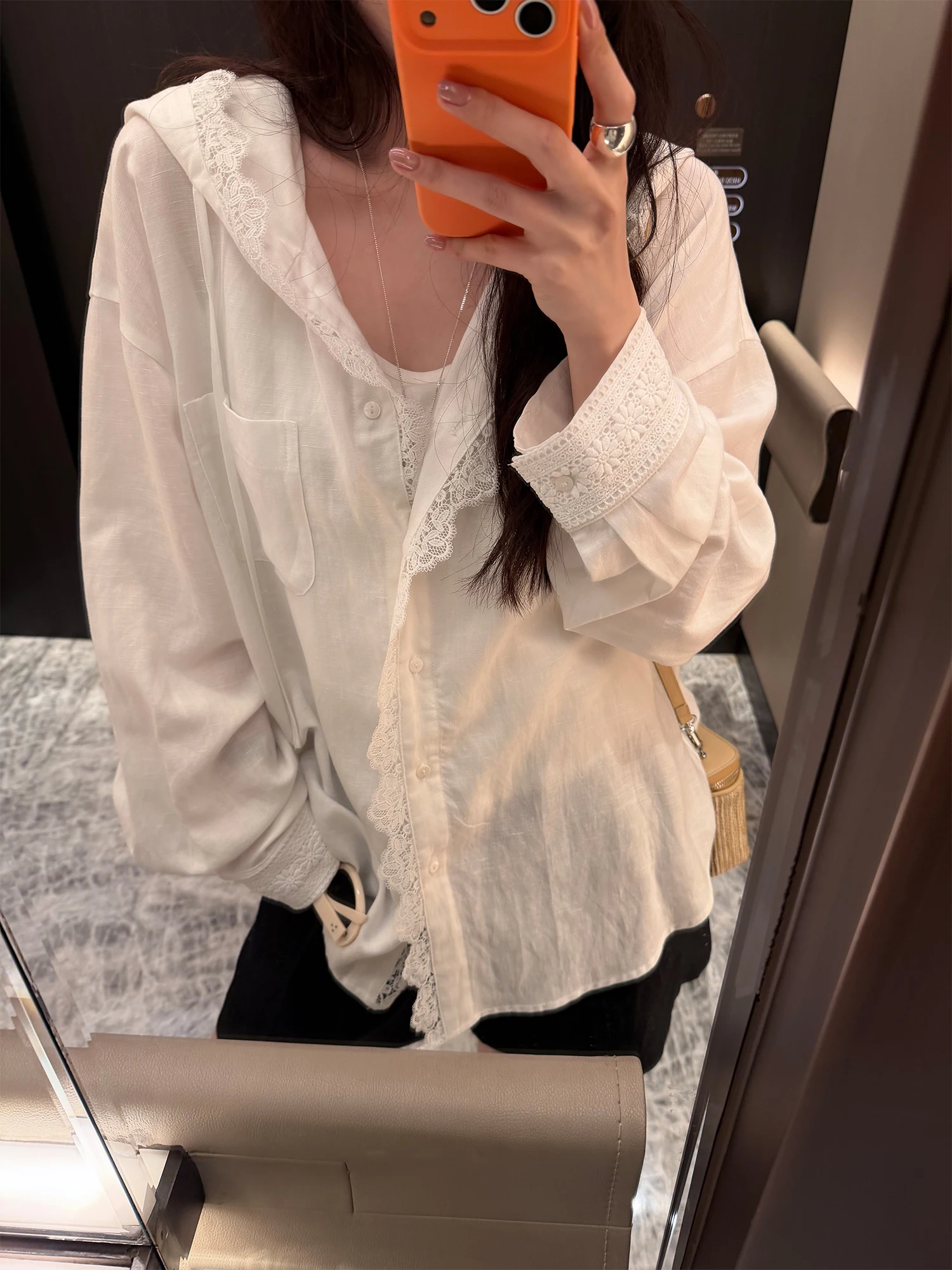 

NAZ Large Size Spring Linen Lace Trim Splice Hat Long Sleeve Shirt Fashionable for plus Size Women Comfortable Breathable