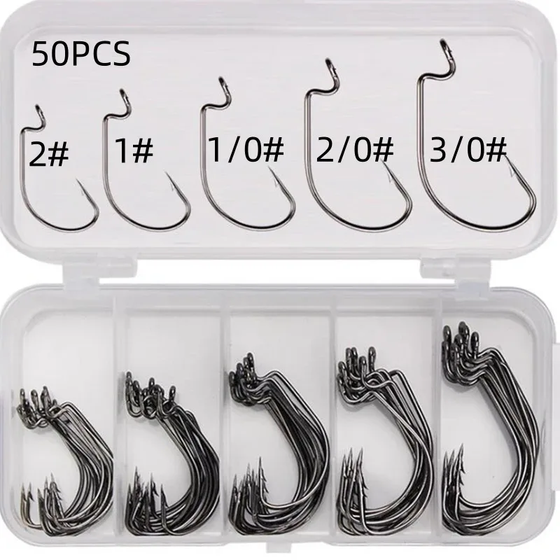 BRAVMACK 50Pcs High Carbon Stainless Steel Barbed Fishhook Set Wide Gap Offset Jig Crank Soft Worm Sea Tackle Barbed Hooks