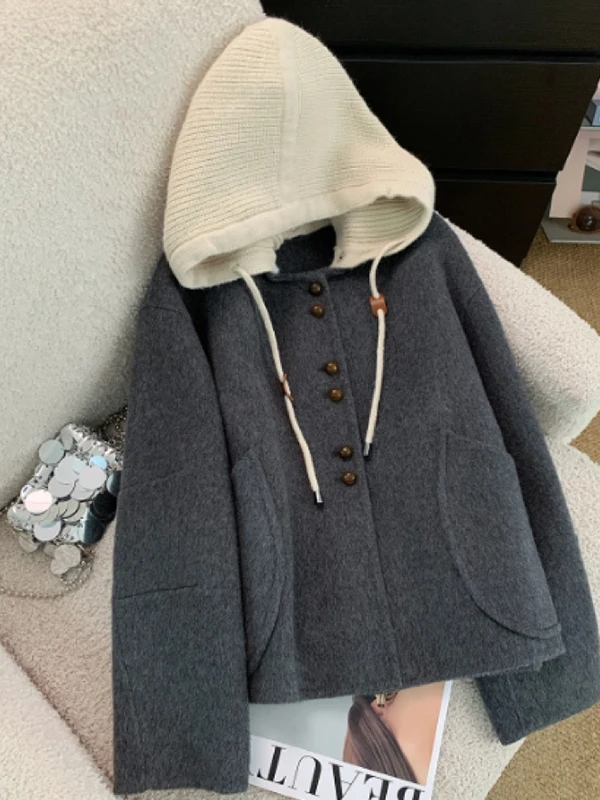 

Корейское повседневное модное шерстяное пальто с капюшоном, женское свободное зимнее пальто Jaet ort, теплое женское пальто