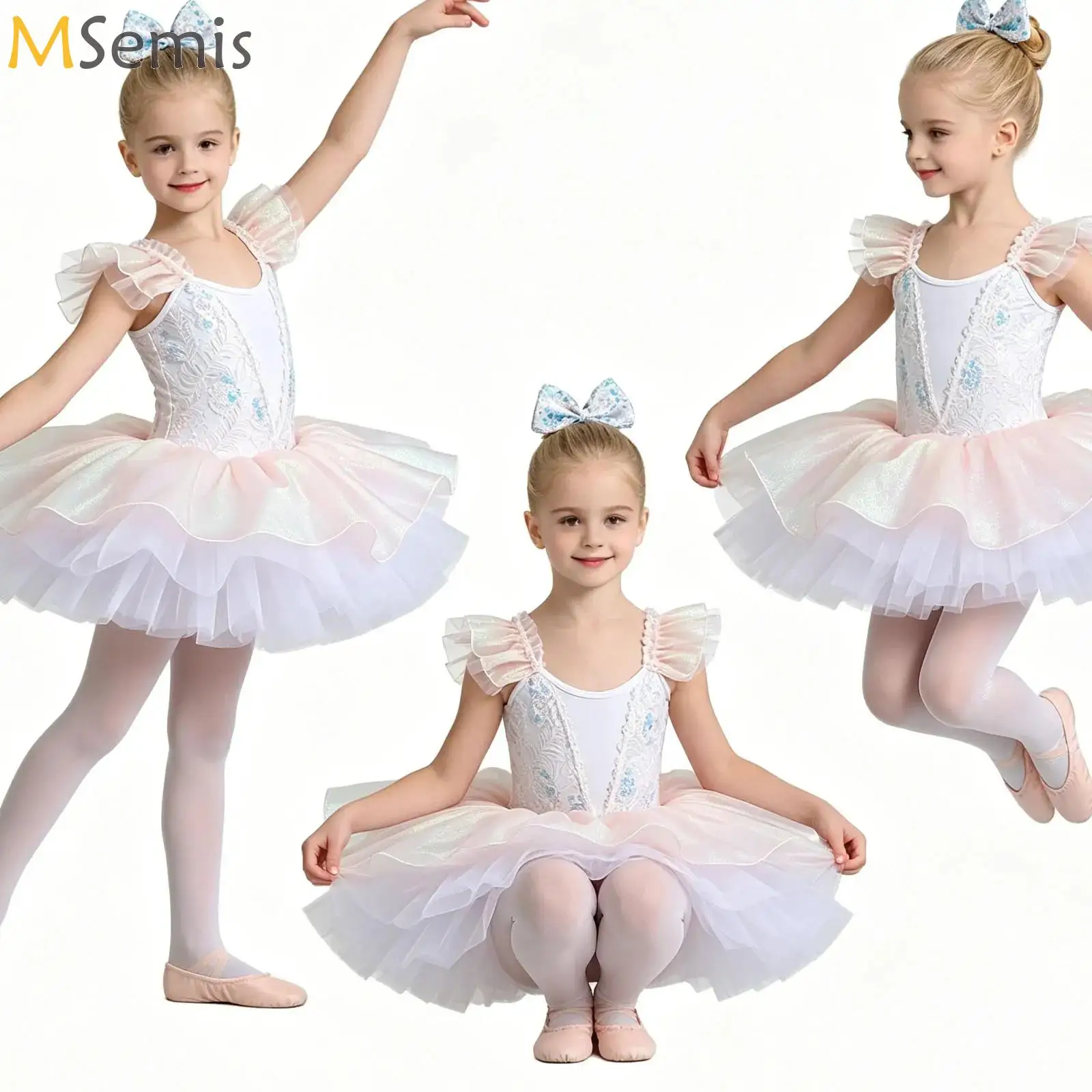 

Kids Girls Sequin Tulle Tutu Dress Toddler Ruffled Sleeves Embroidery Bodice Ballet Dress with Bowknot Set for Stage Performance