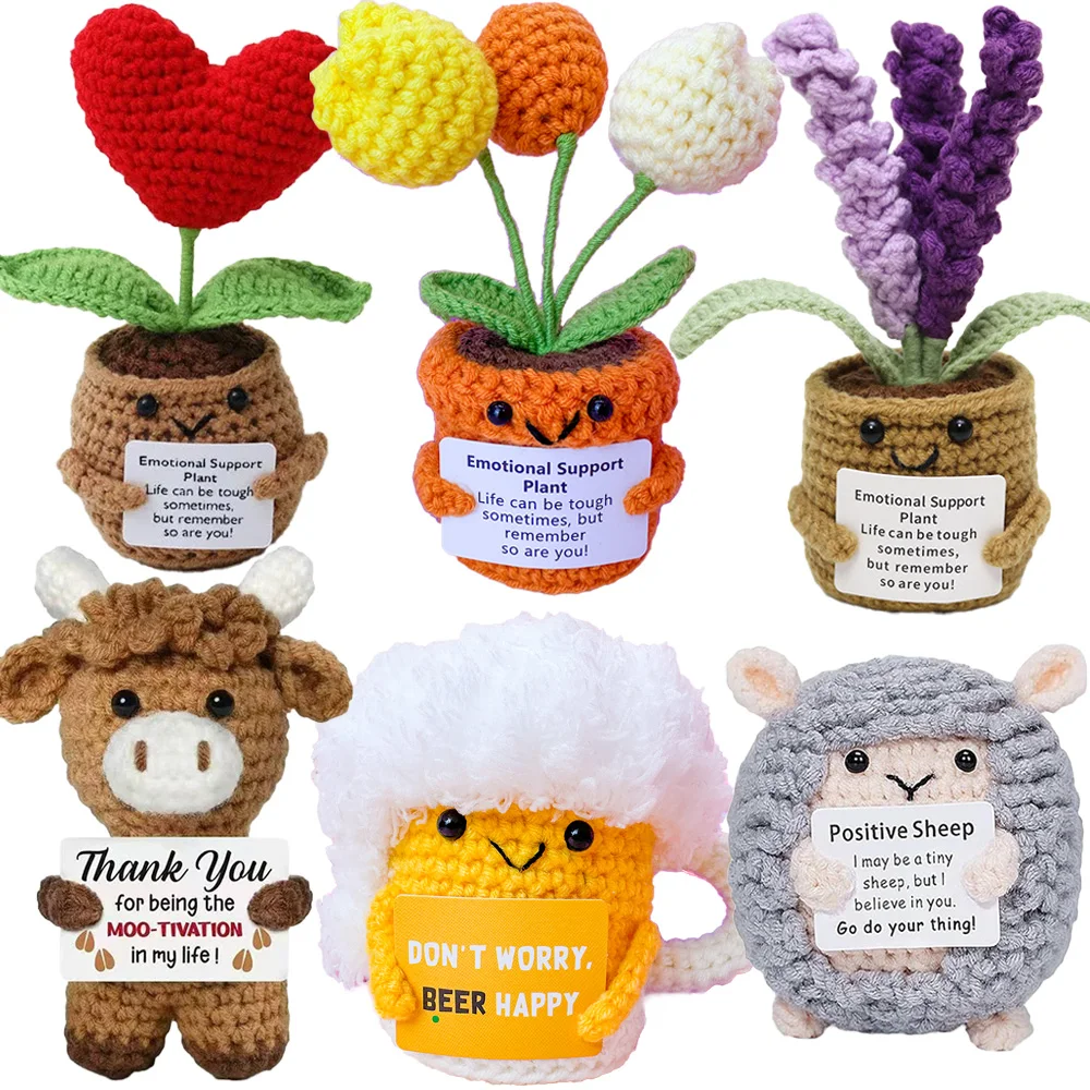 Positive Energy Crochet Doll Pocket Hug Handmade Knitted Plush Potato Plant Avocado Bee Turtle Duck Funny Emotional Support Gift