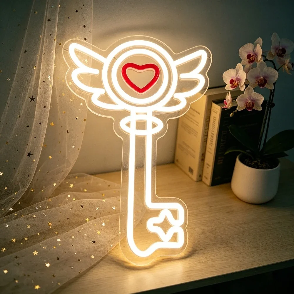 Heart Wing Key Neon Sign LED USB Reusable Love Theme Night Light for Valentine's Day Home Decor Desk Window Gift