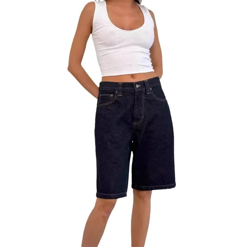 Pantaloncini midi in denim elasticizzato vestibilità ampia vintage da donna Pantaloni capri Pantaloni casual estivi a vita alta Abbigliamento casual retrò occidentale