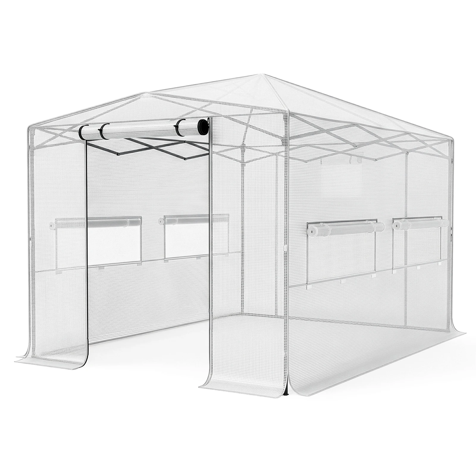 8*12ft Plastic Sprayed Iron Pipe PE Mesh Foldable Greenhouse Shed White for Backyard, Patio