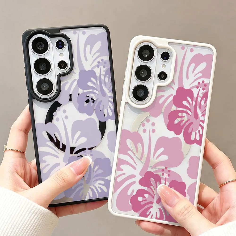 Fashion Hibiscus Pattern Phone Case For Samsung Galaxy S26 S25 S24 S23 FE Plus Ultra Wireless Charge Magnetic Magsafe Cover