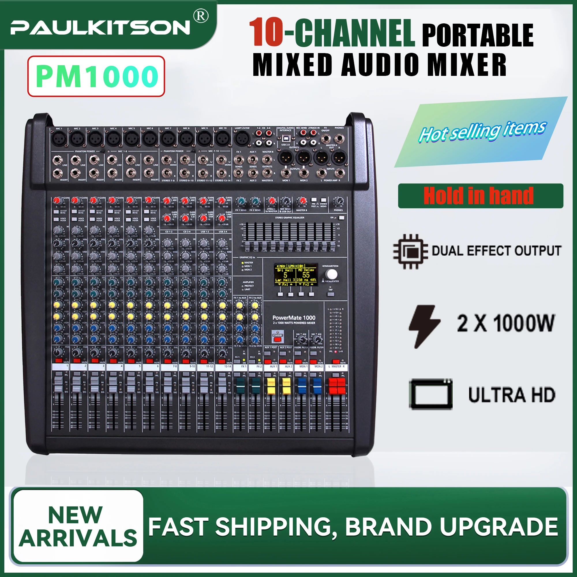 Paulkitson Powermate1000-3 Mixer with Cover Professional Mixing Console 2×1000W 4Ω Amp 48V Phantom Power for Live Stage Band