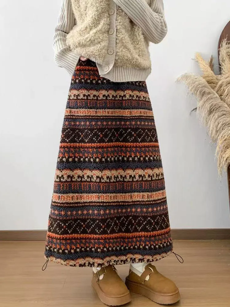 Vintage Faux Lamb Fleece Skirts Women Autumn Winter High Waist A-Line Skirts Harajuku Ethnic Style Warm Midi Skirts Female