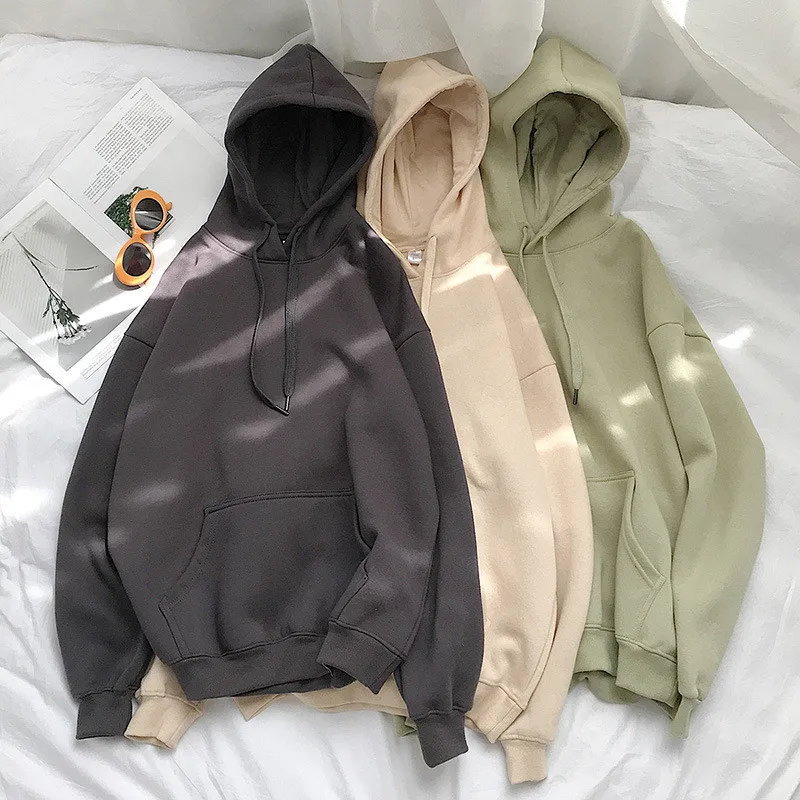 

Women Solid Winter Hoodies 13 Colors Warm Oversized Plus Velet Woman Sweatshirts Harajuku Hooded Thicken Female Hoody Tops