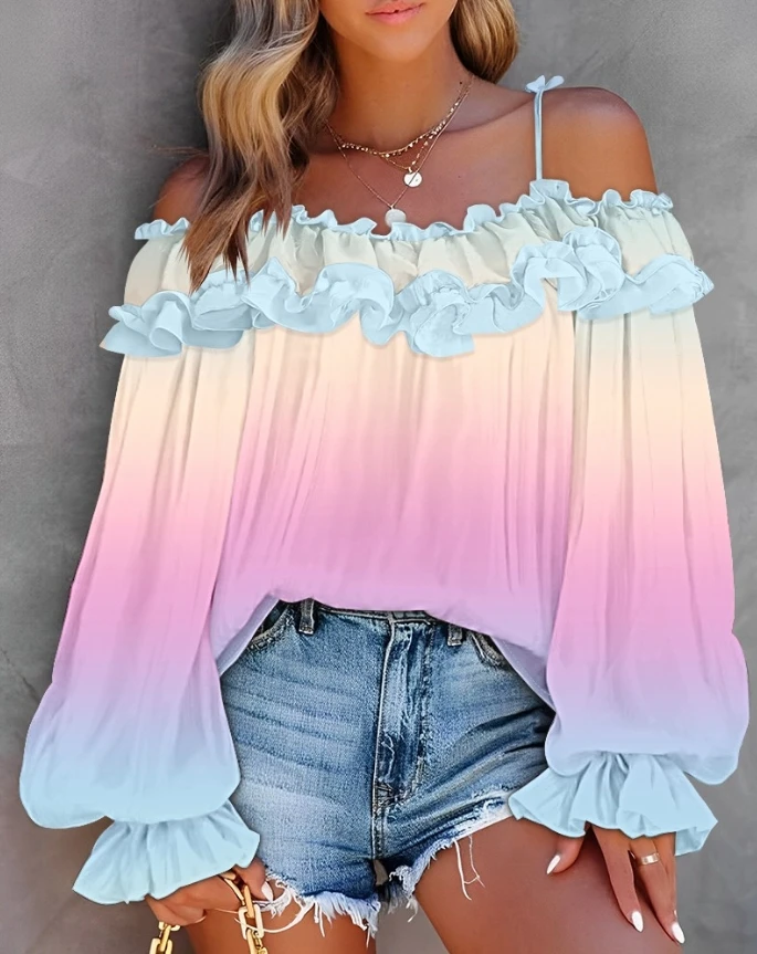 

One Collar Camisole, Cold Shoulder Lantern, Long Sleeved Shirt with Pleated Edges, Loose Casual Fashion Gradient Summer Top