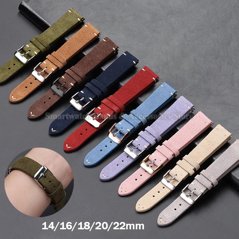 14mm 16mm 18mm 20/22mm Suede Genuine Leather Watch Strap for Seiko Bracelet for Huawei Quick Release Vintage Handmade Watch Band