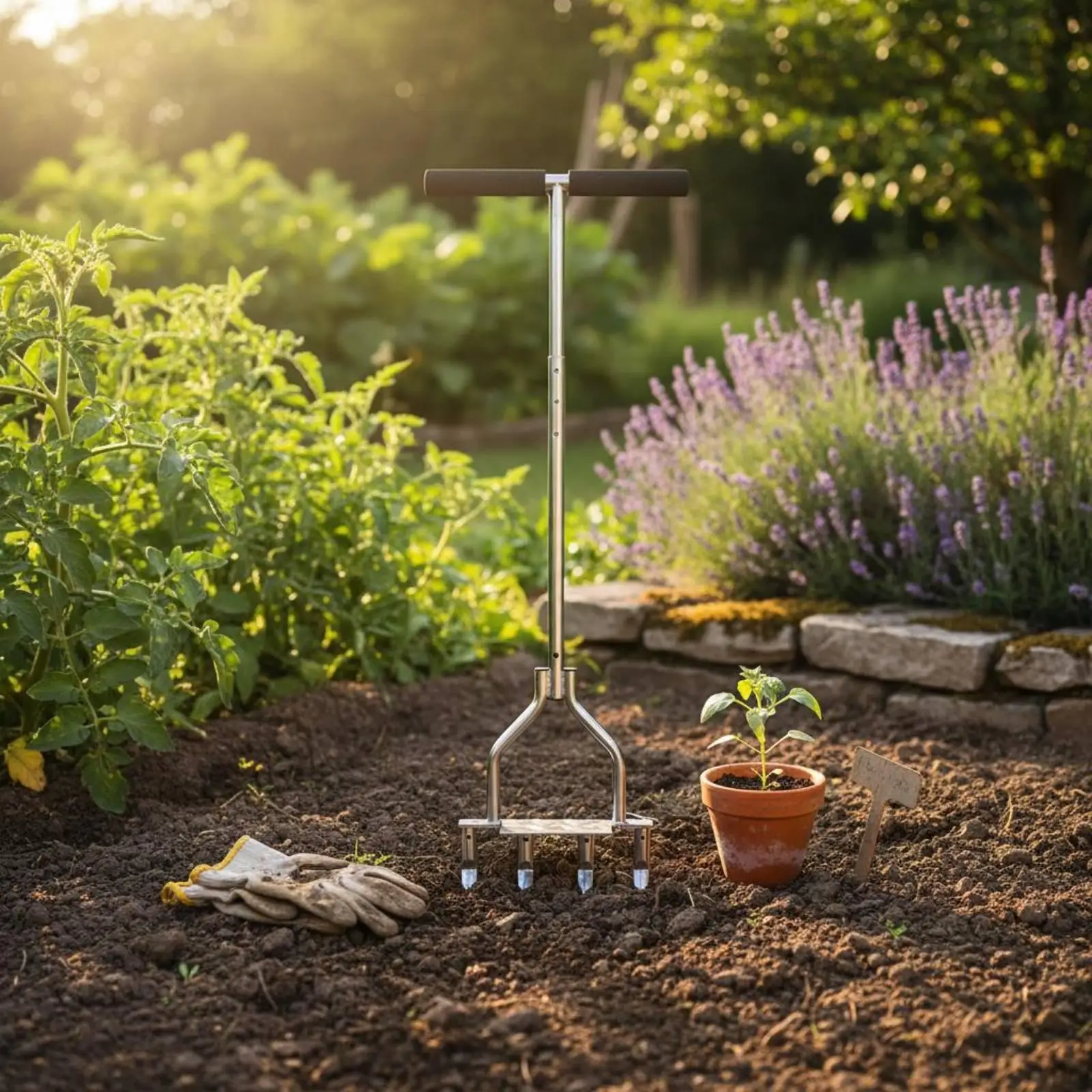 Three Tine Lawn Aeration Fork for Compacted Soil Garden Aerator Tool with Sturdy Metal Frame