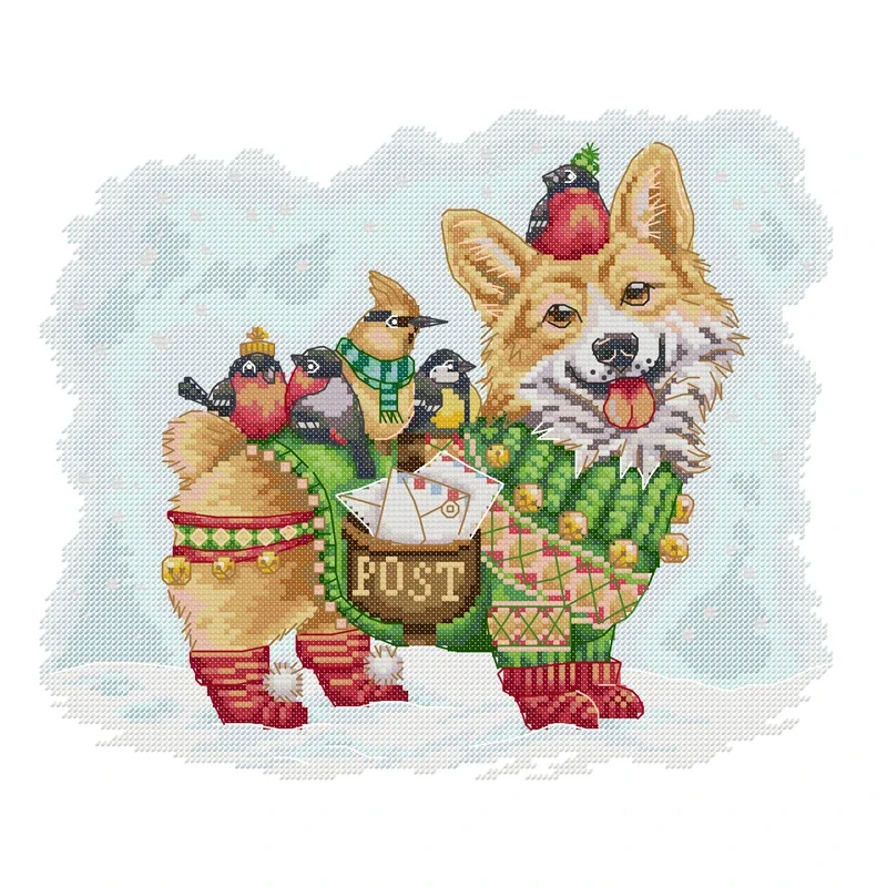Joy Sunday Cross Stitch Kit Christmas Postman Dog 14CT Printed Cross Stitch Embroidery Kit Set Crosstitch Kit Craft Needlework