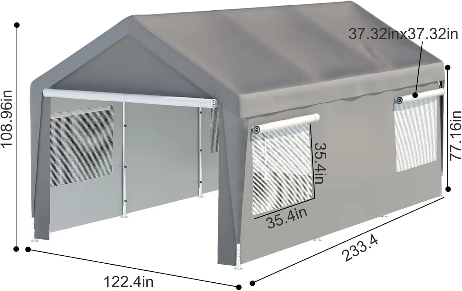 13'x 25' Heavy Duty Car Port with Roll-up Sidewall and Ventilated Windows with Removable Sidewalls,Portable, for Car,Truck,Gray