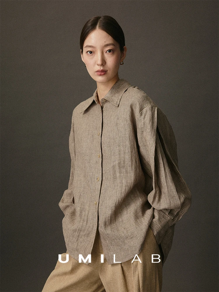 

Дышащая льняная рубашка UMILAB в полоску H283W, повседневная женская рубашка с длинными рукавами, удобная посадка, полосатый узор, летняя рубашка