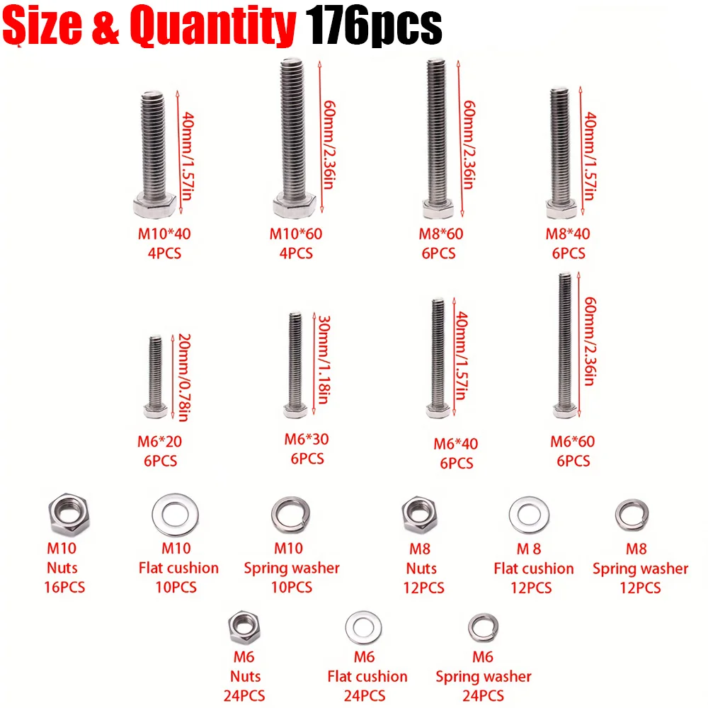 176-Piece Stainless Steel Heavy-Duty Hex Bolt and Nut Kit, M6/M8/M10, Fully Threaded, for Household and Machinery Use.