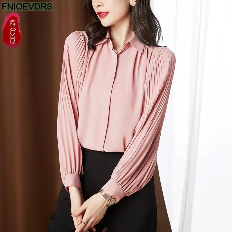 Camisas básicas de estilo europeo para mujer, blusas rosas de manga larga con botones de un solo pecho, color sólido, para oficina, novedad de otoño