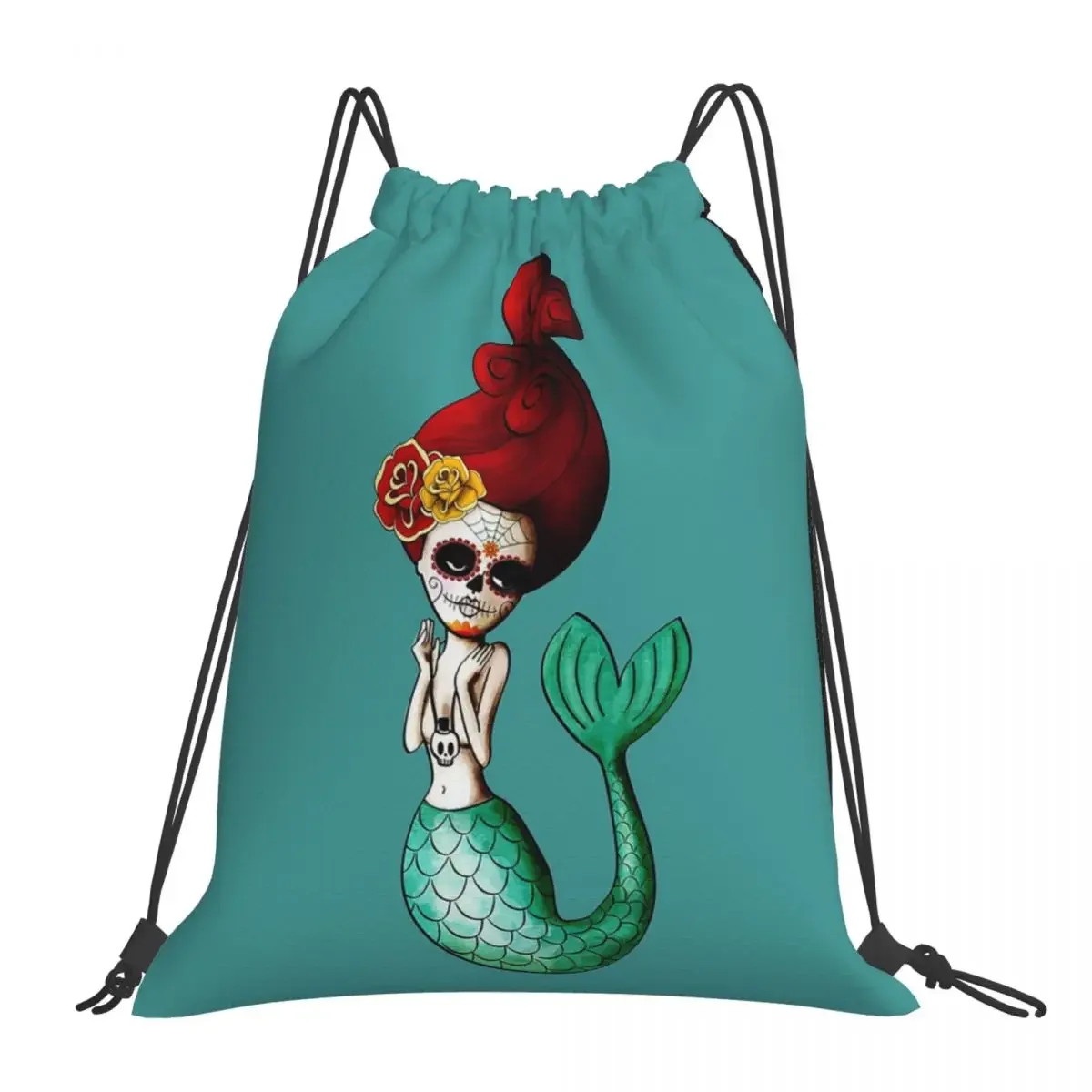 

El Dia De Los Muertos Mermaid Backpacks Portable Drawstring Bag Drawstring Bundle Pocket Sports Bag BookBag For Man Woman School